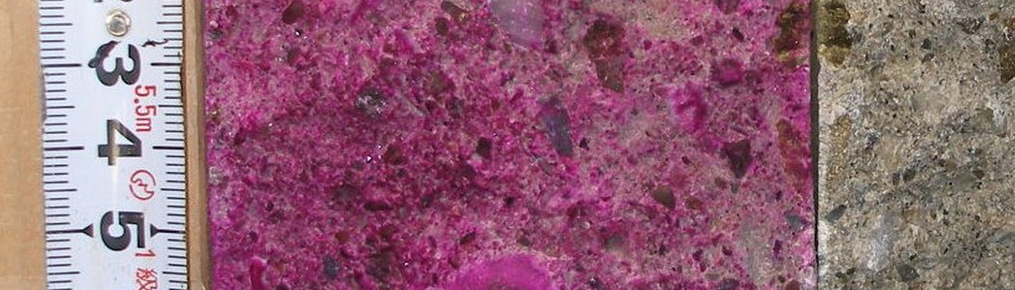 中性化深さの測定（フェノールフタレイン溶液で赤紫に発色した面）